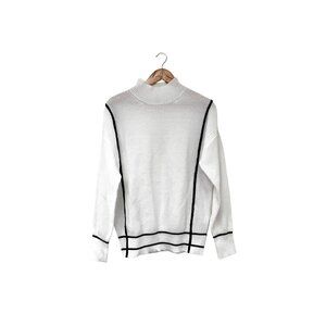 Women's White and Black Classic Long sleeve Mock neck Pullover Sweater XL